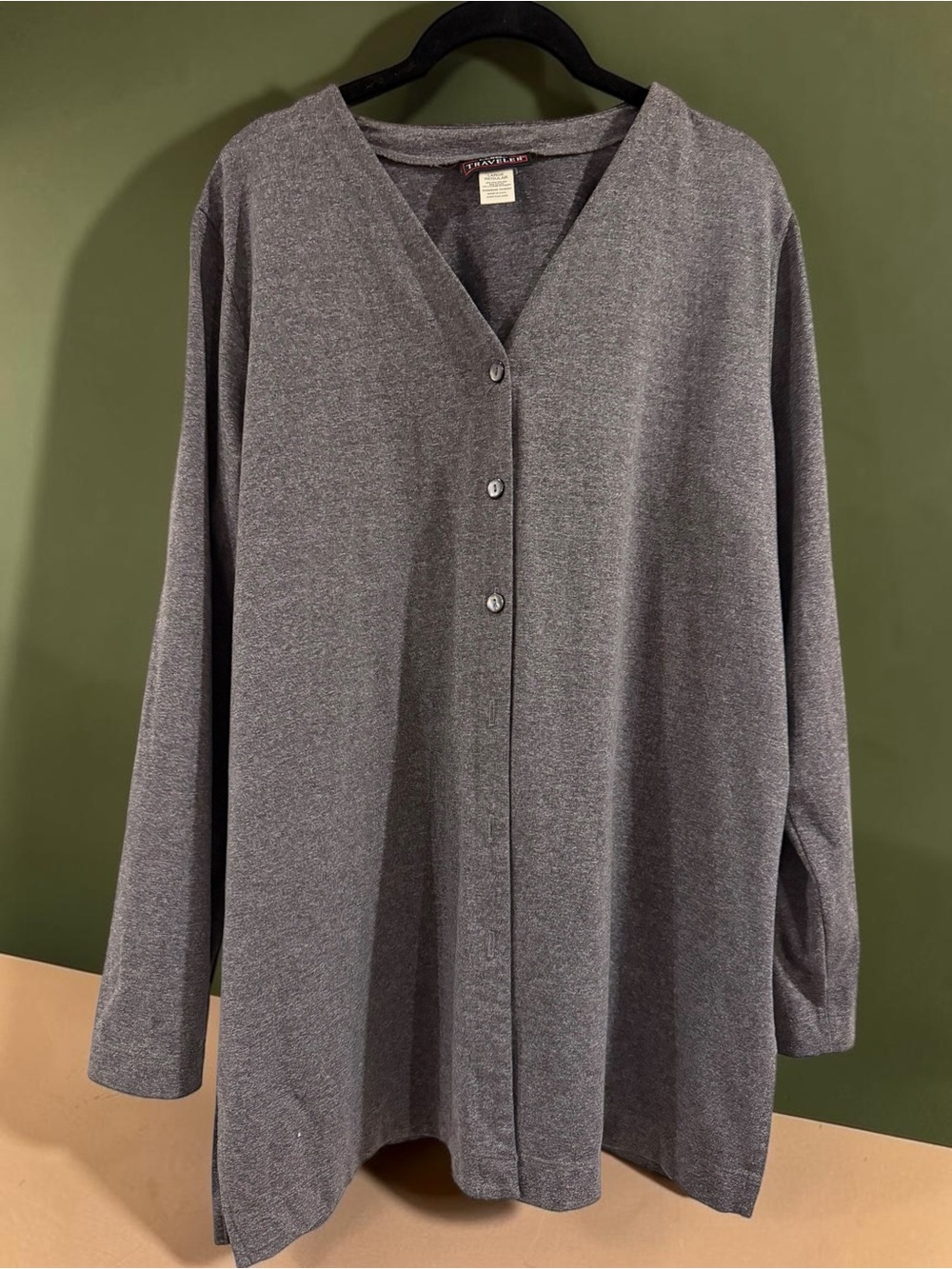 LL Bean Traveler Cardigan Sz L Gray V-Neck Button Front Tunic Made in USA